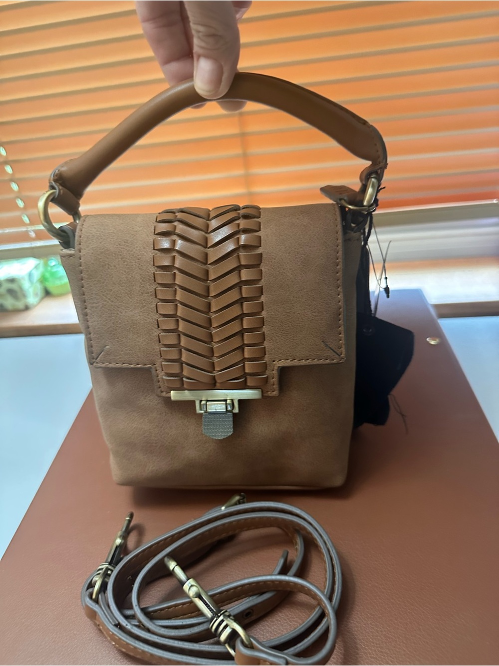 Brown Woven Detail Top-Handle Crossbody Bag